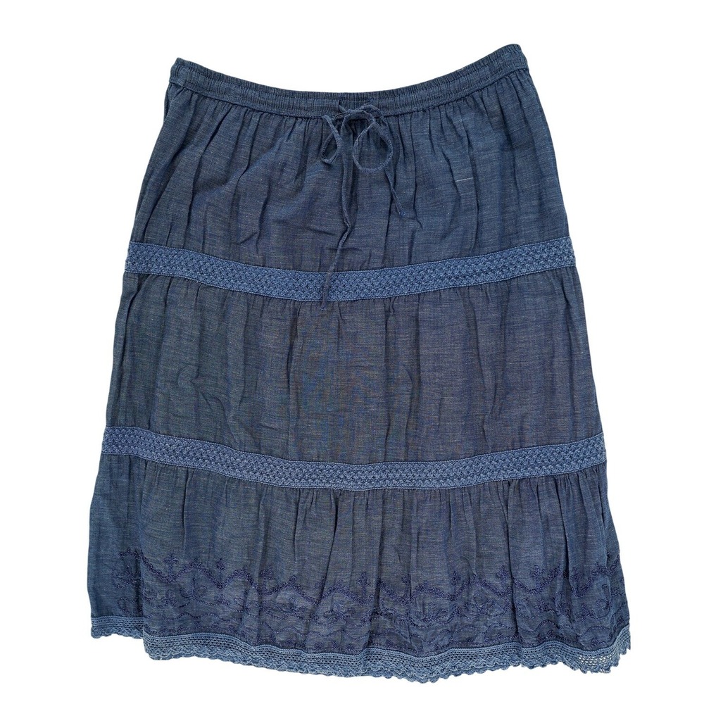 Studio West Blue Chambray Embroidered Lace Trim Tiered Skirt L Boho Cottagecore
